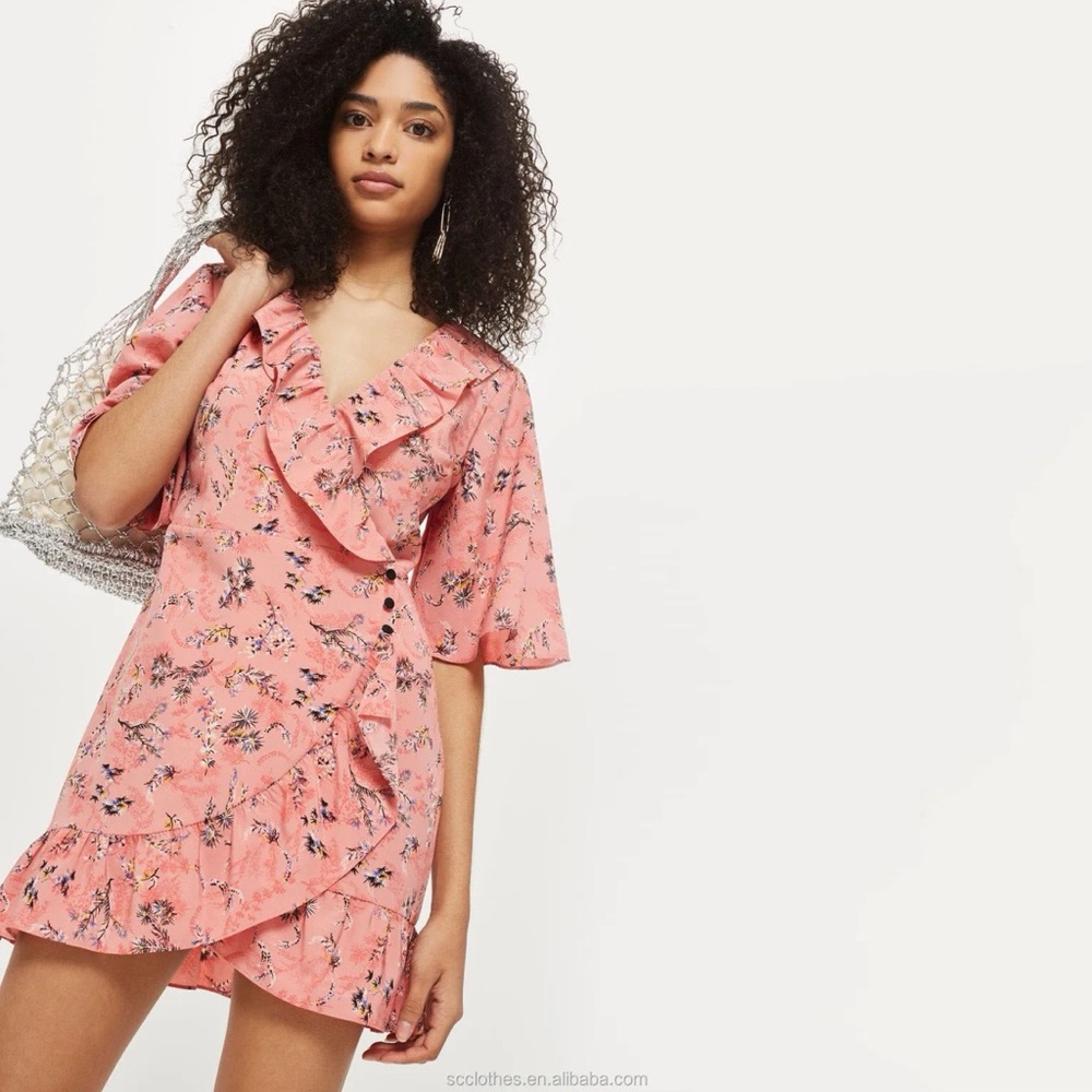 Topshop Floral Ruffle Wrap Mini Dress Size 6‎ Pink Flared Sleeve